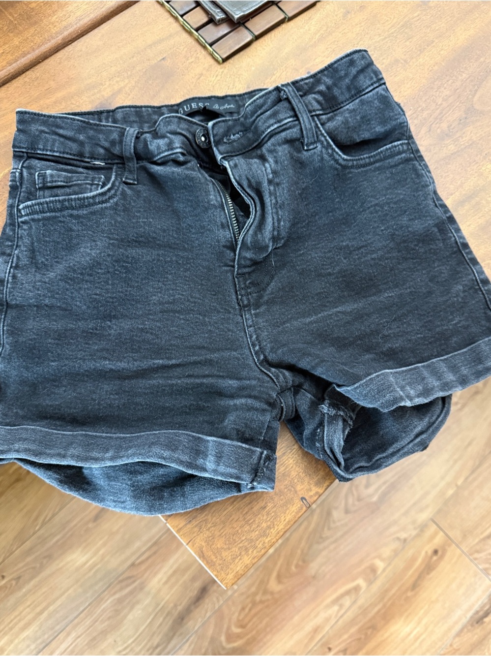 Guess Washed Black Rolled-Hem Denim Shorts